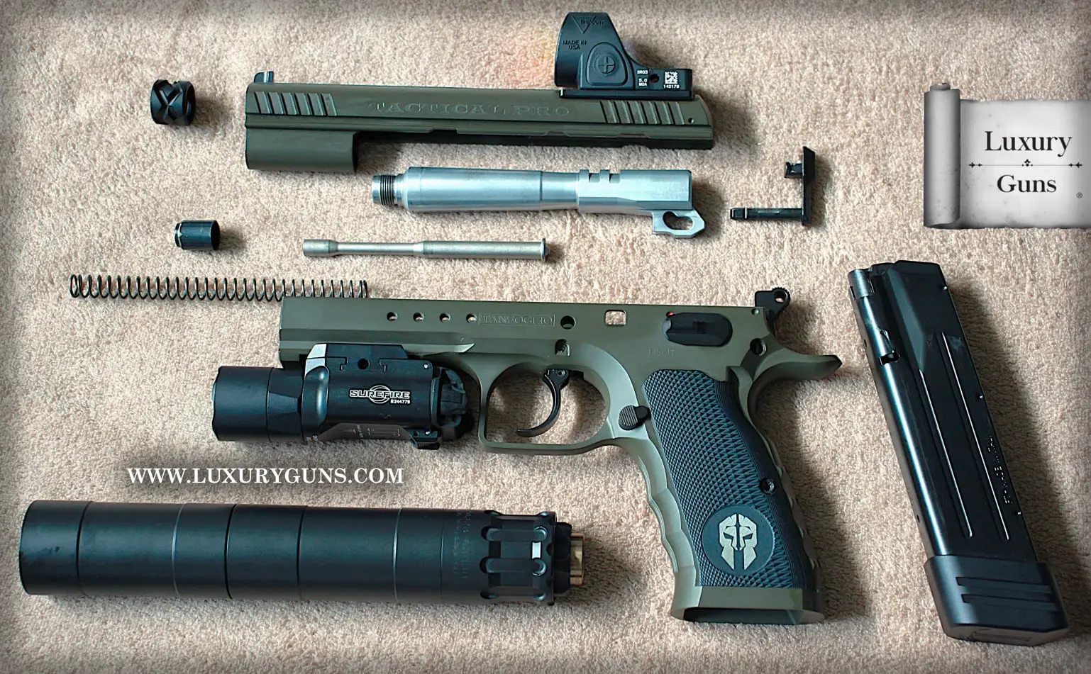 Tanfoglio Tactical PRO s doplnkami Rugged, Trijicon a SureFire